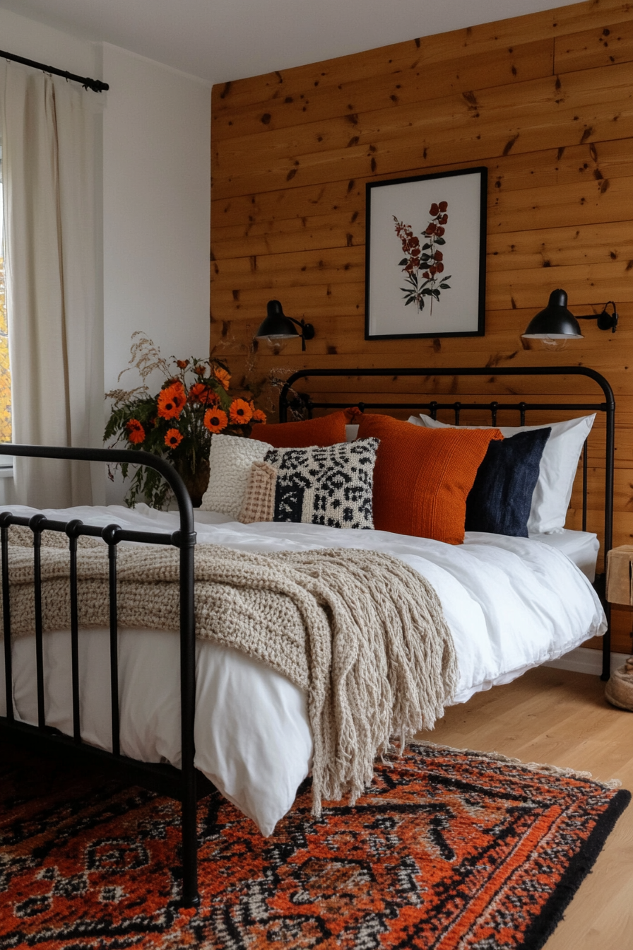 Bedroom with rustic wooden plank accent wall