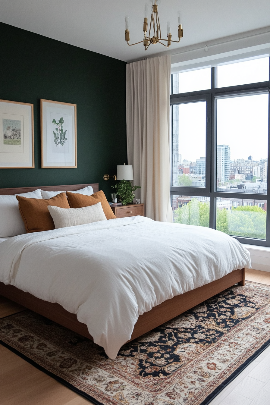 Bedroom with dark green accent wall