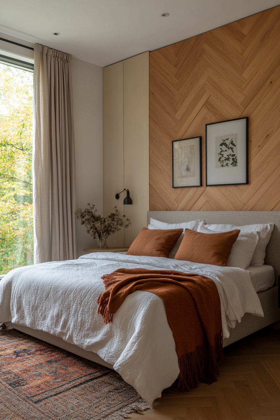 Bedroom with chevron pattern accent wall