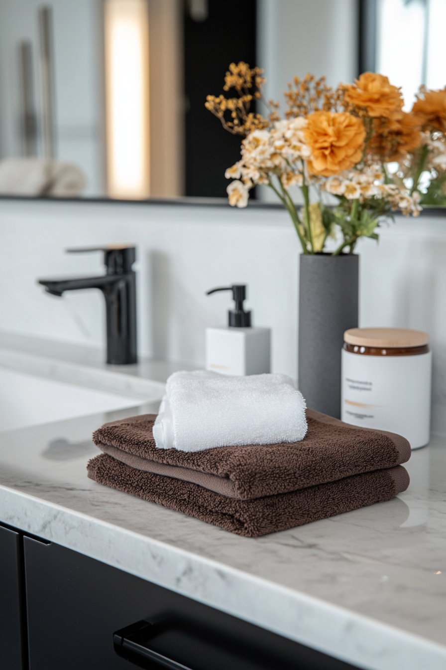 Minimalist black and white bathroom with sleek accessories