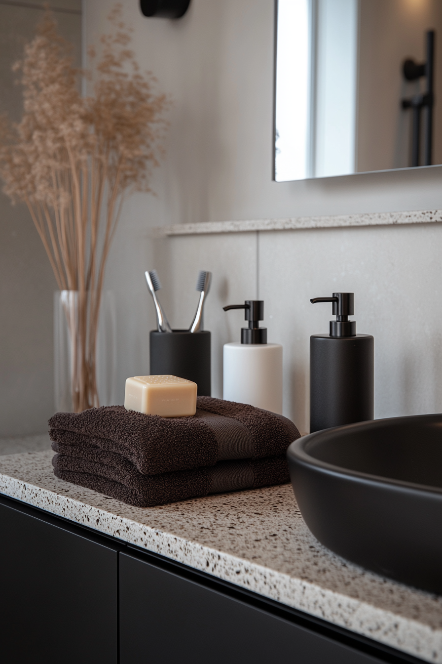 Sleek accessories in minimalist black and white bathroom