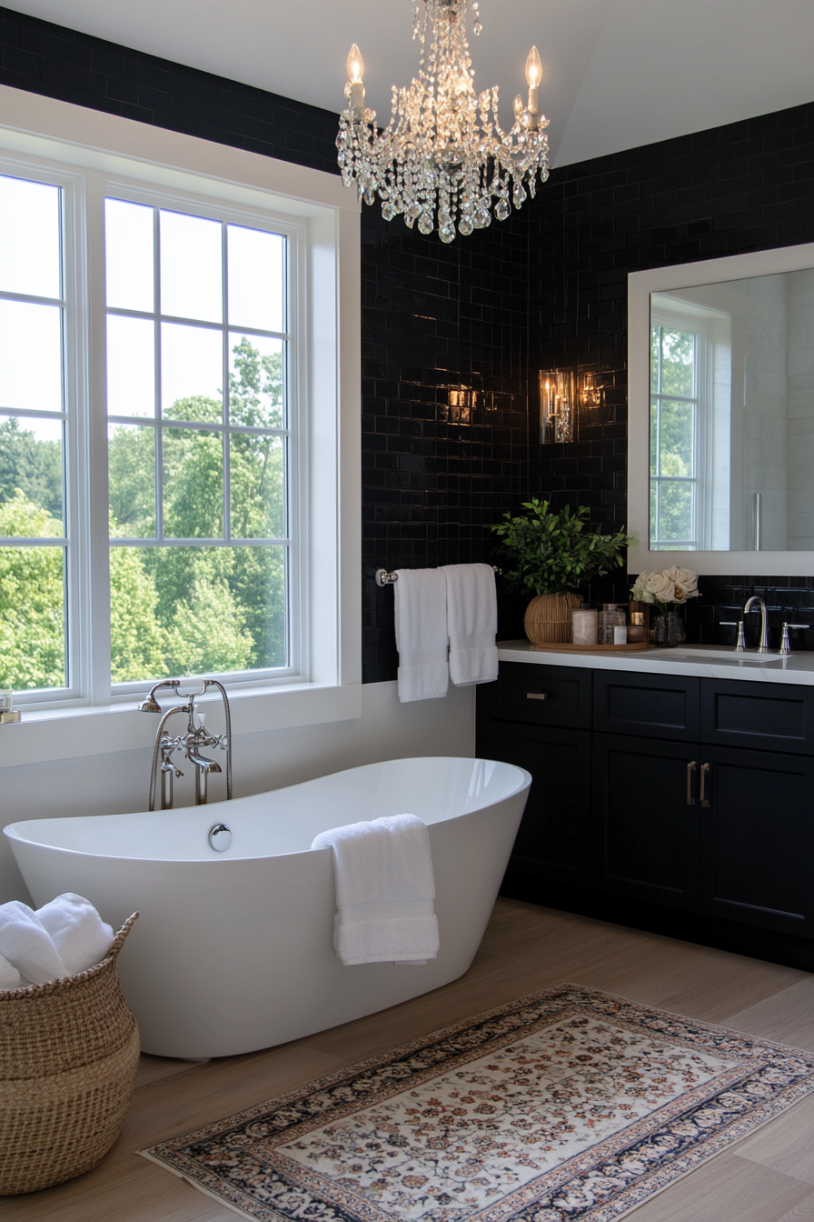 Feature wall in dramatic black and white bathroom