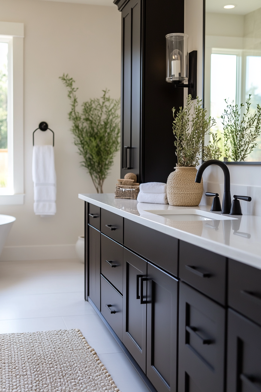 Spacious black and white bathroom with large mirrors