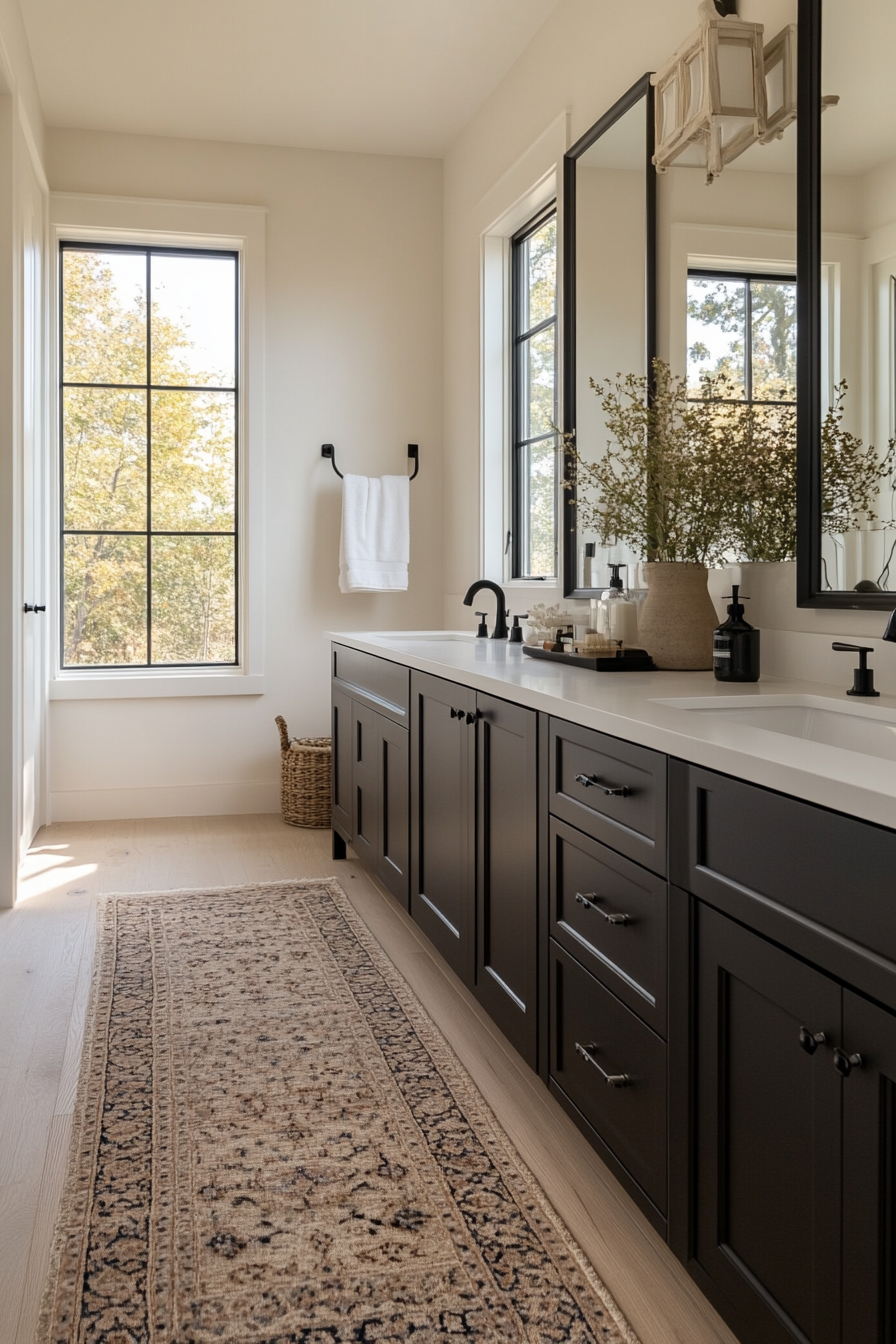 Large mirrors in spacious black and white bathroom