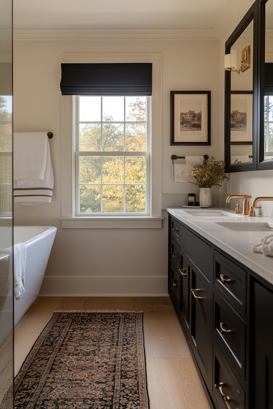 Cozy black and white bathroom with luxurious textiles