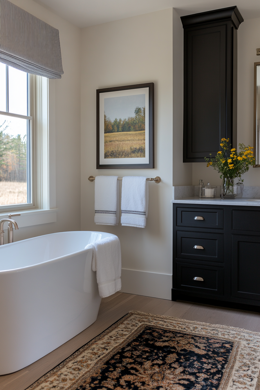 Luxurious textiles in cozy black and white bathroom