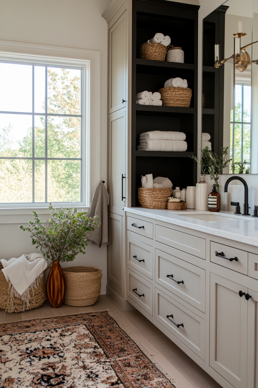 Modern black and white bathroom with built-in storage