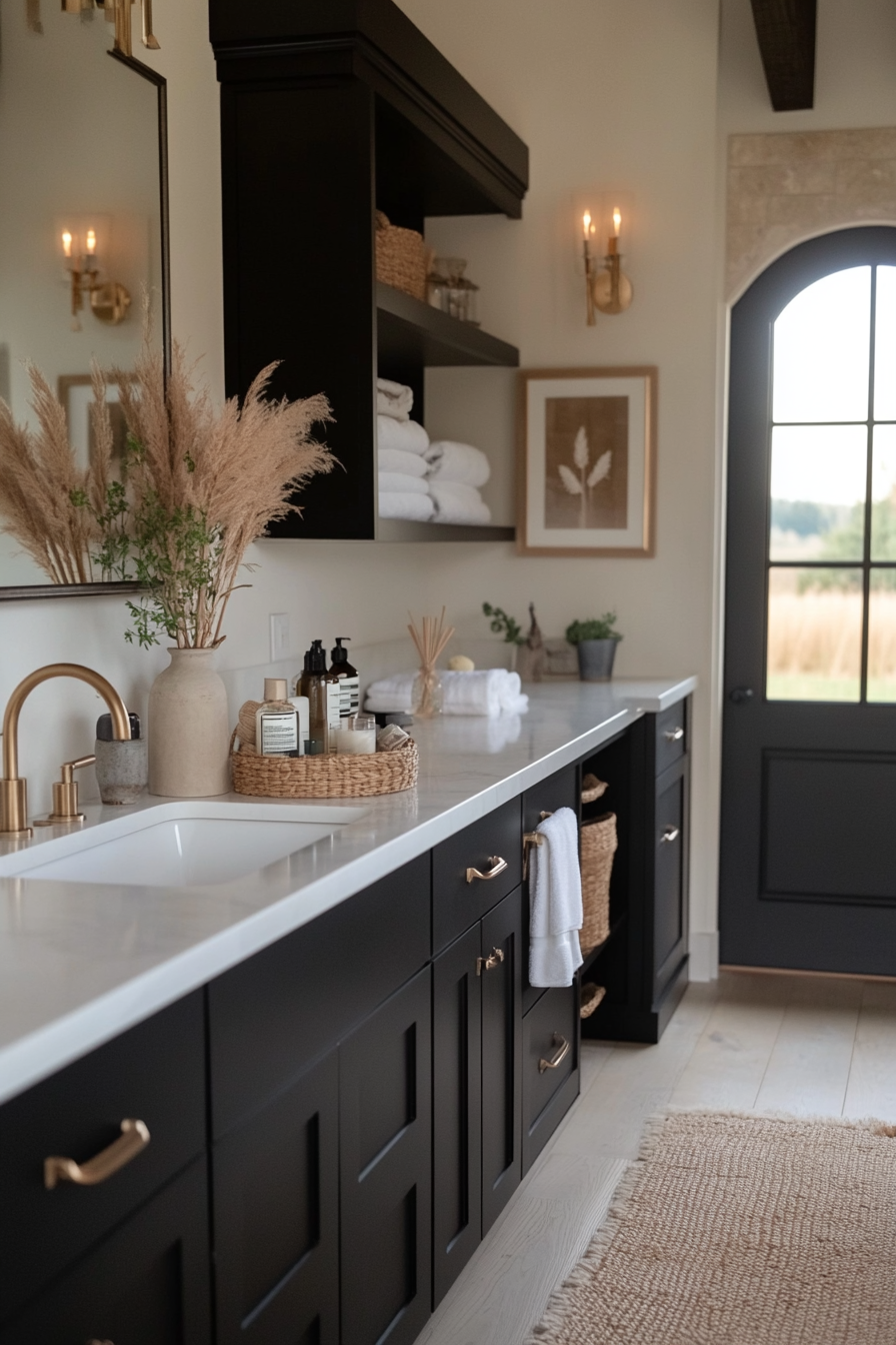 Built-in storage in modern black and white bathroom