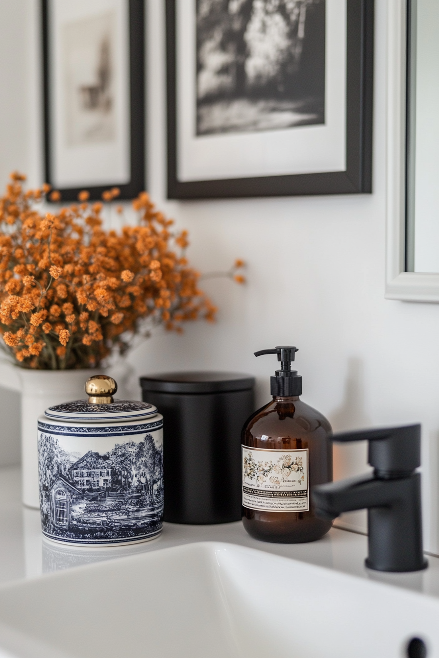 Personalized black and white bathroom with stylish accessories