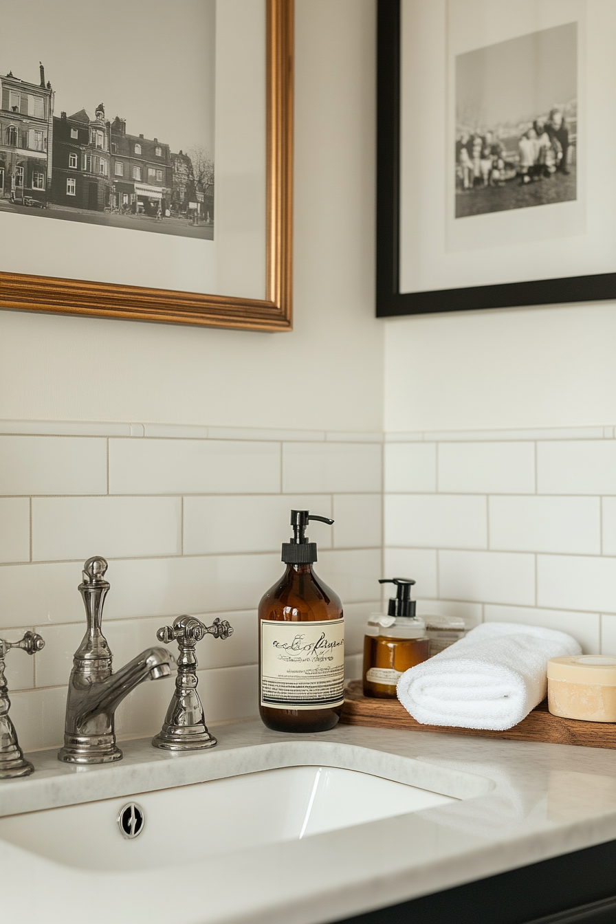 Stylish accessories in personalized black and white bathroom