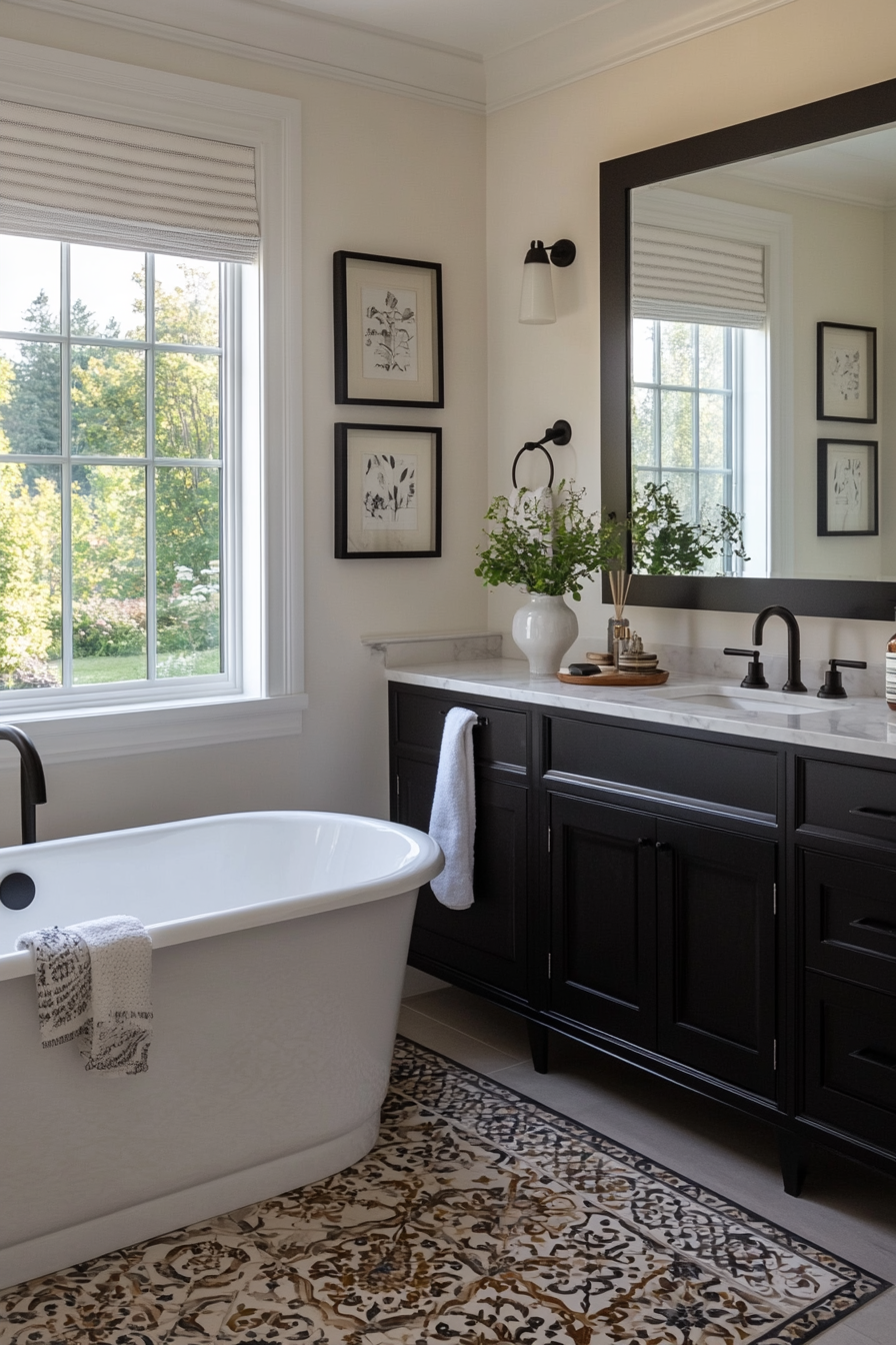 Balanced black and white bathroom with glossy tiles