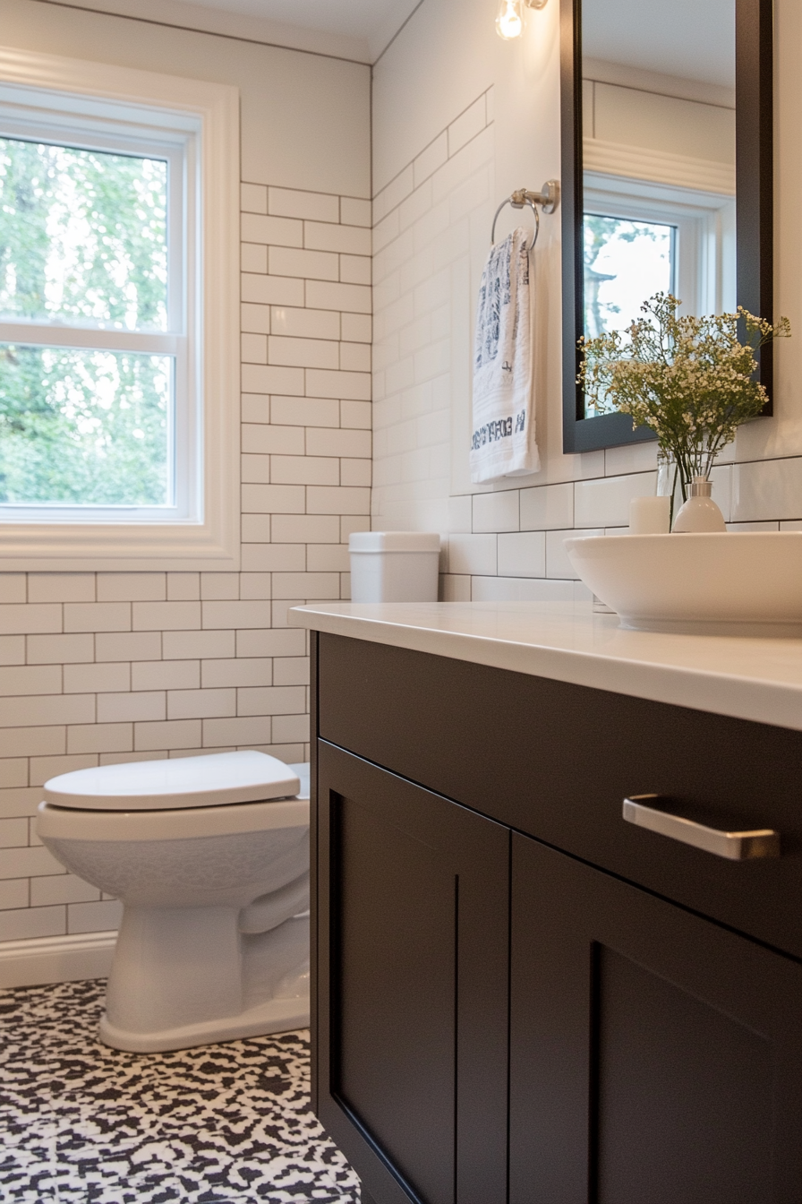 Black and white bathroom with bold geometric tiles