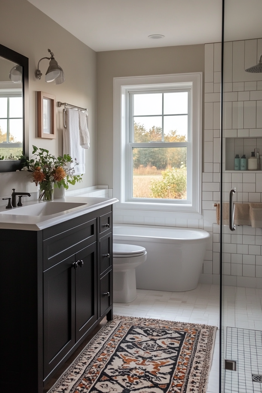 Bold geometric tiles in black and white bathroom