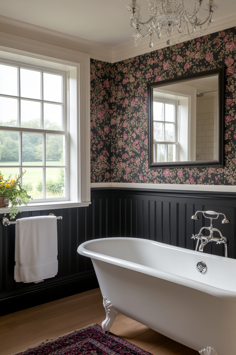 Elegant black and white bathroom with floral wallpaper