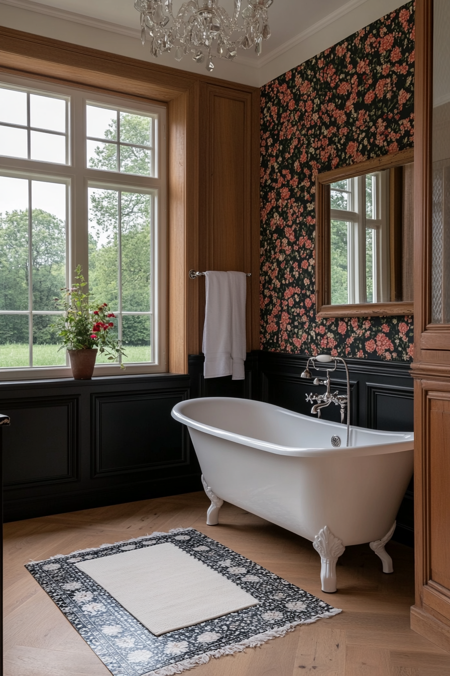 Floral wallpaper in black and white bathroom