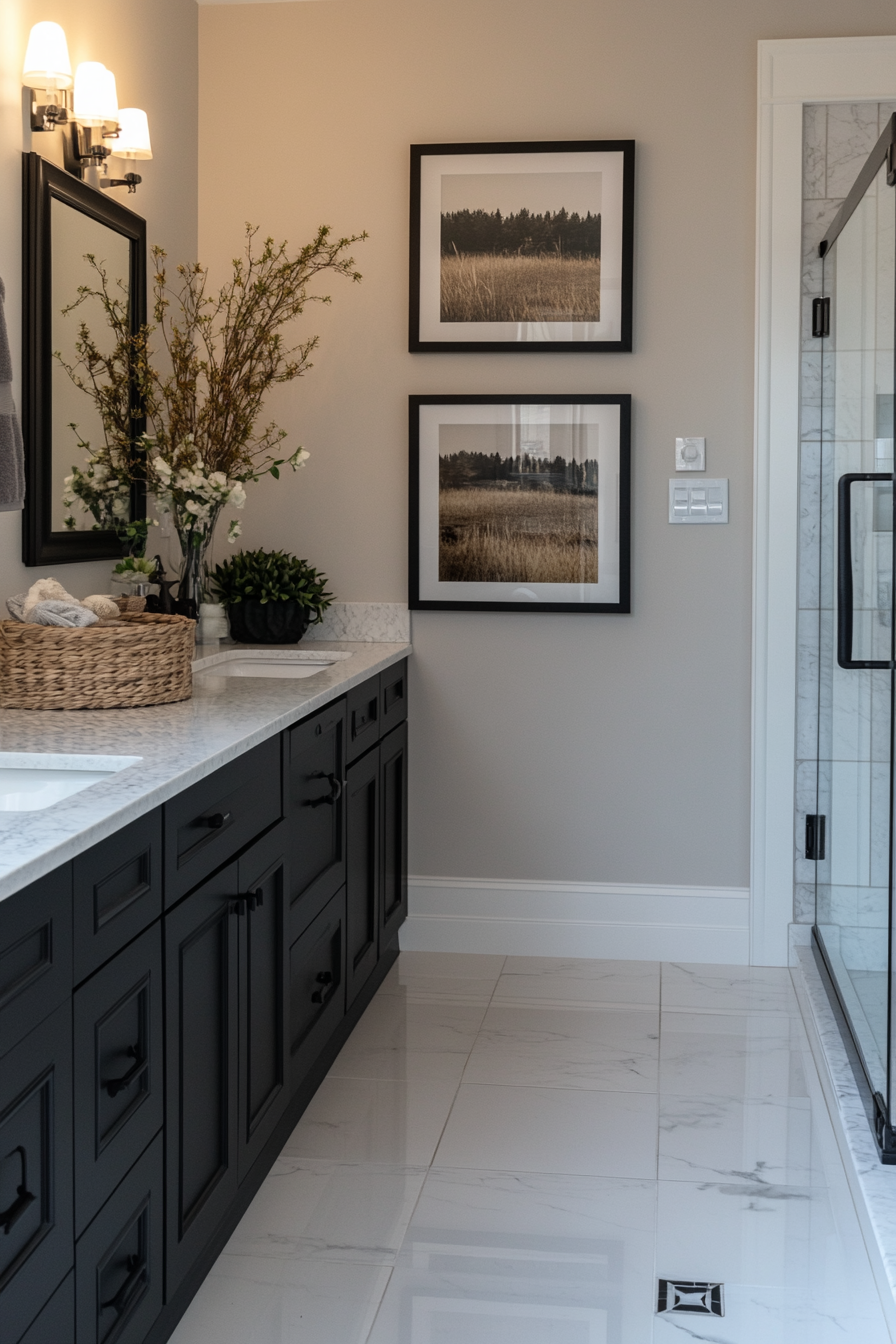 Black and white bathroom with gallery wall