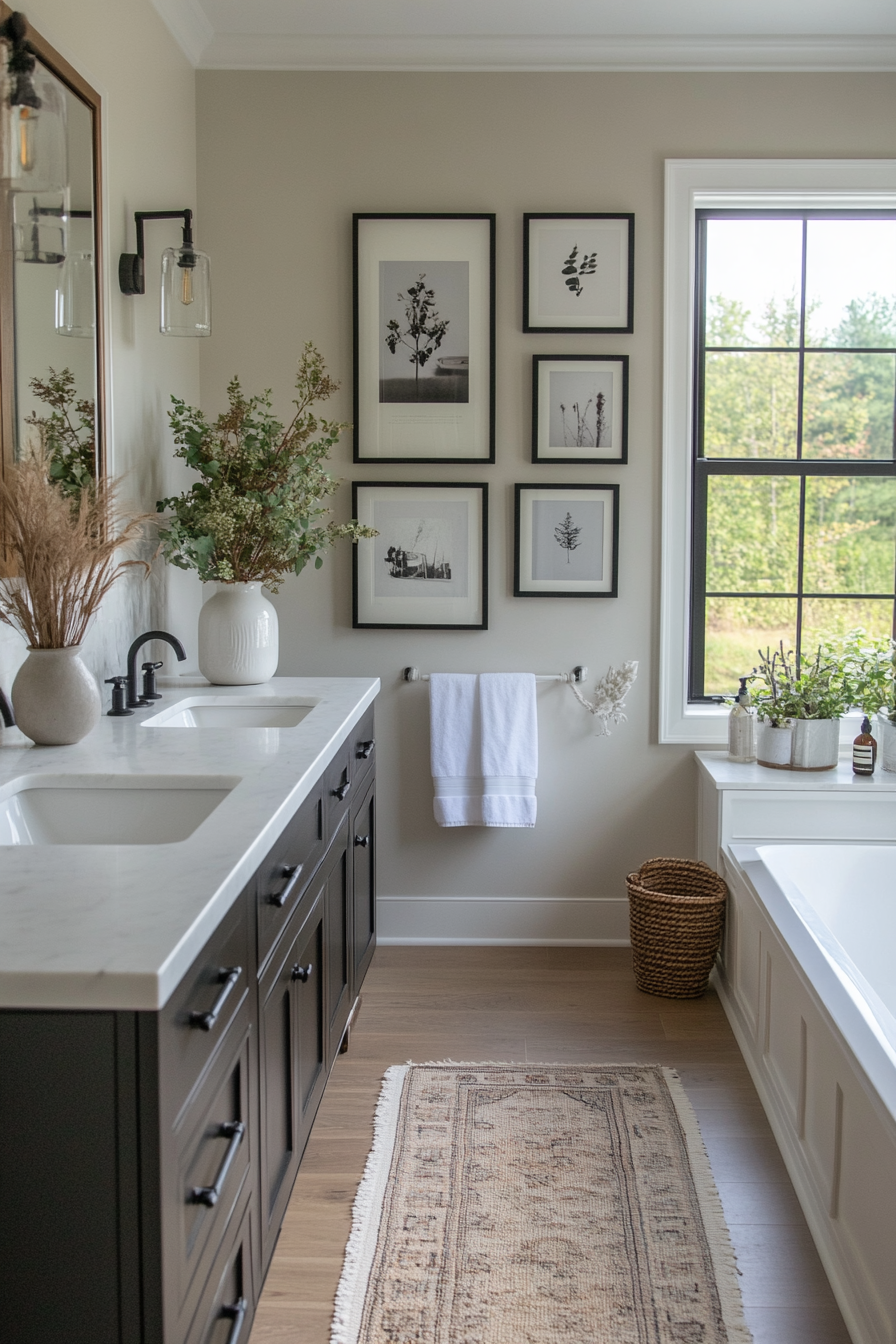Gallery wall in black and white bathroom