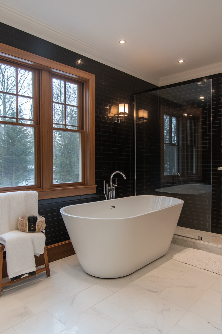 Black and white bathroom with mixed textures and finishes