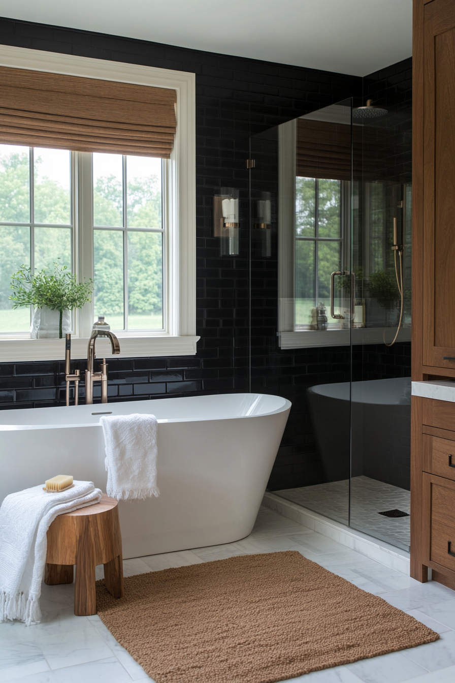 Mixed textures and finishes in black and white bathroom