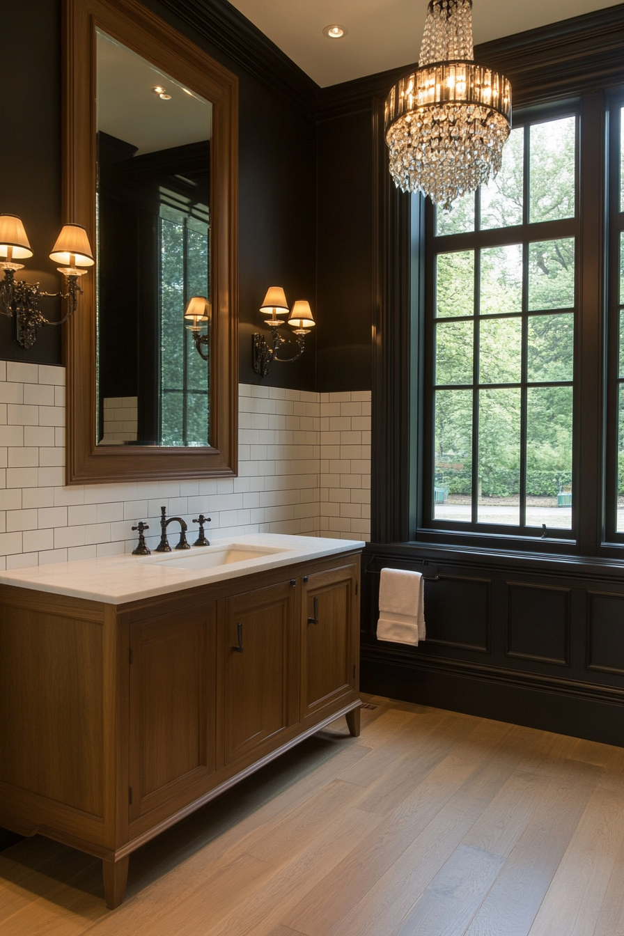 Chic black and white bathroom with layered lighting