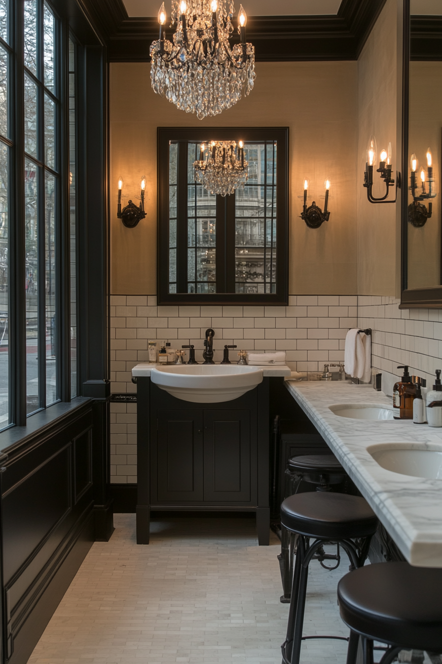 Layered lighting in black and white bathroom