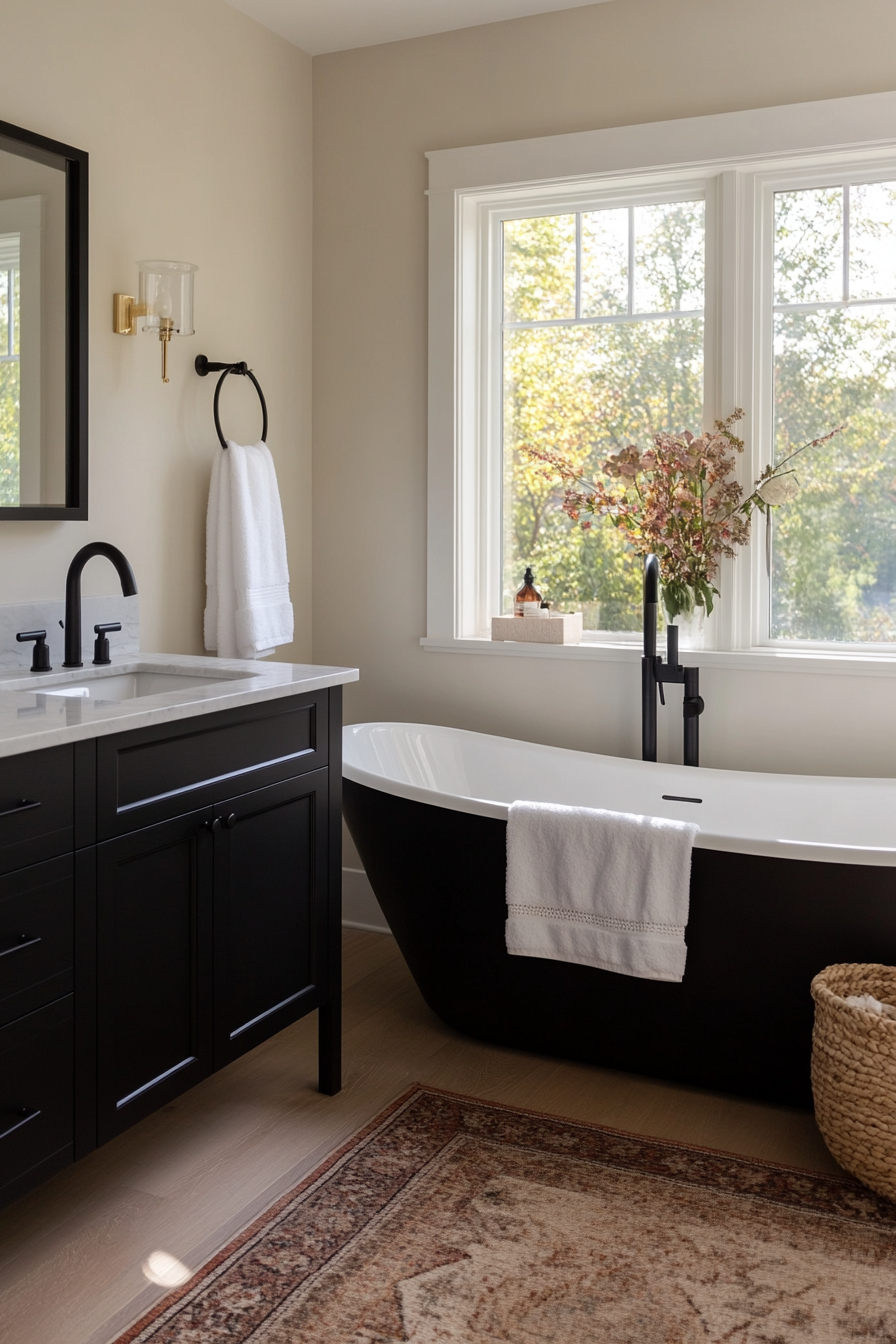 Modern black and white bathroom with black fixtures
