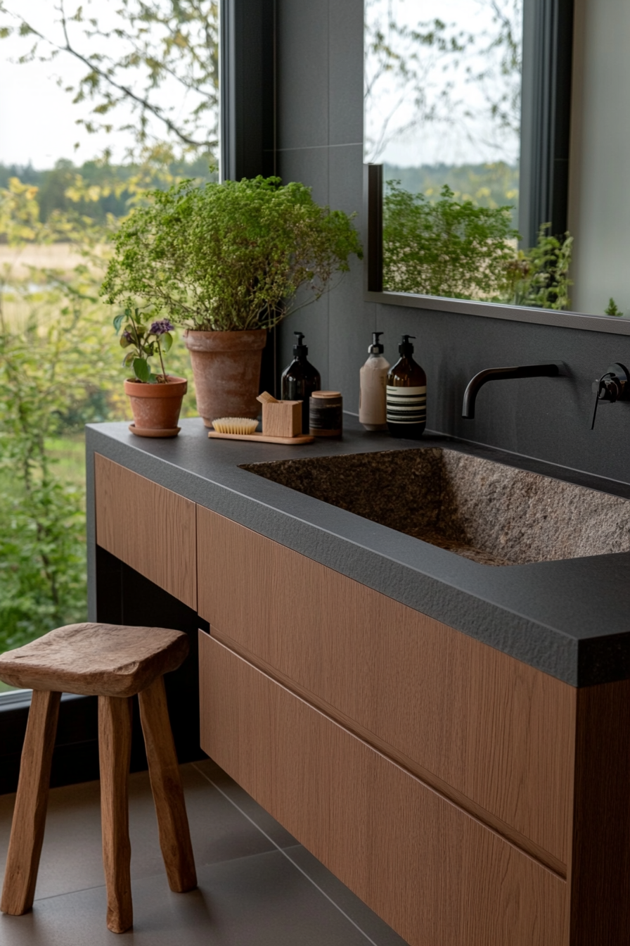Serene black and white bathroom with natural elements