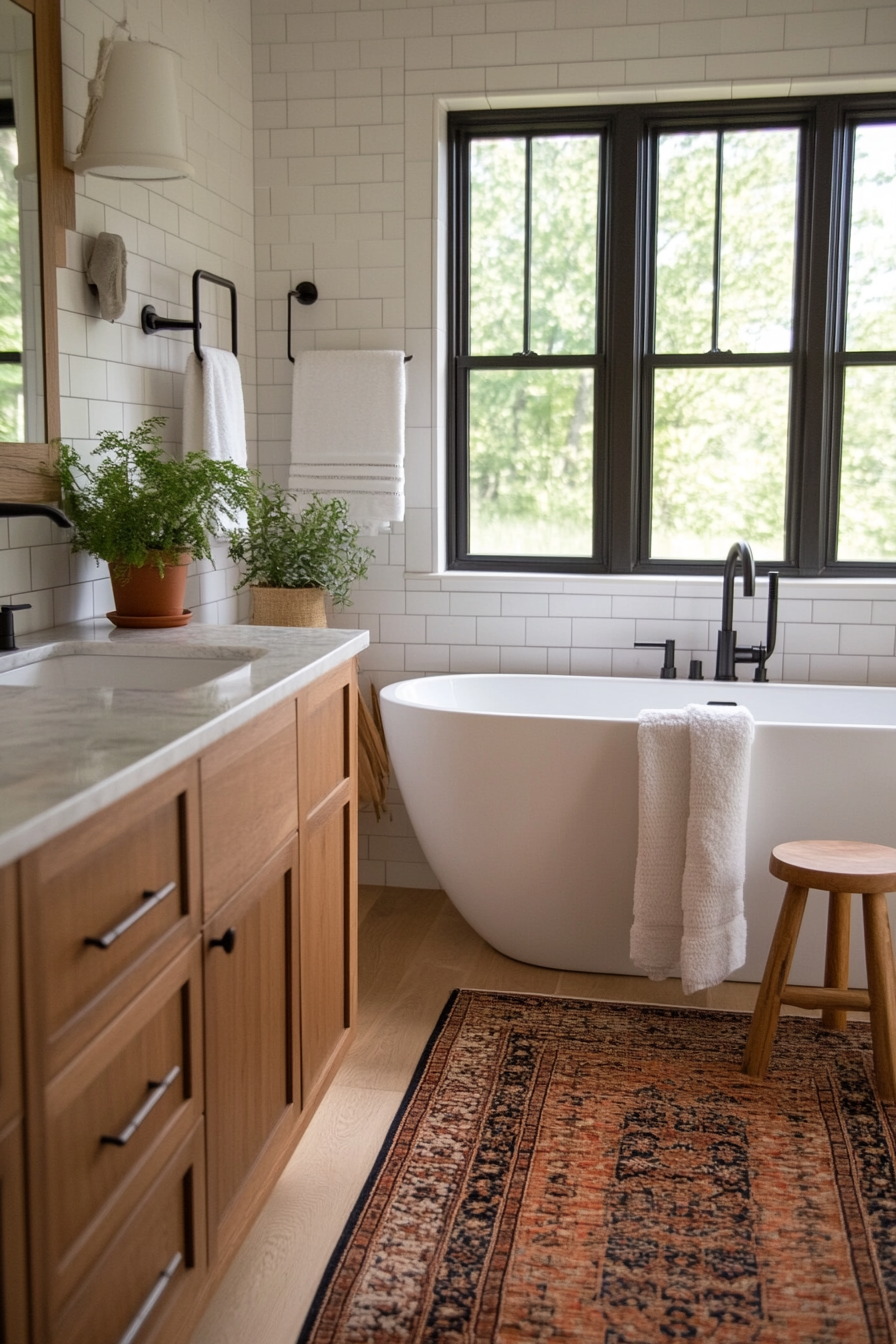 Natural elements in black and white bathroom