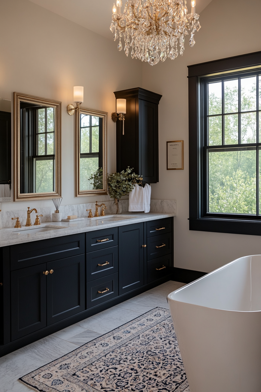 Luxurious black and white bathroom with metallic accents
