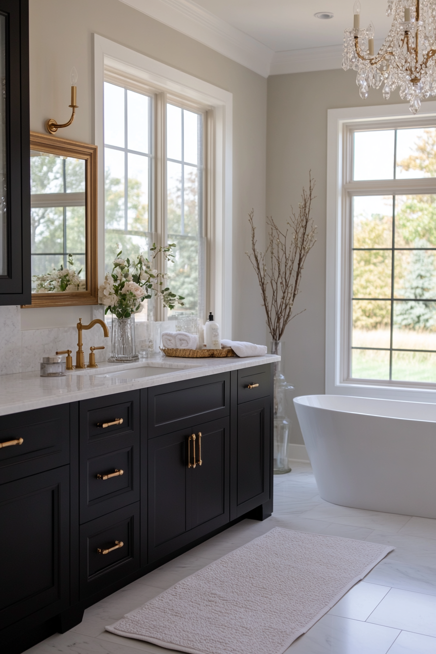 Metallic accents in luxurious black and white bathroom