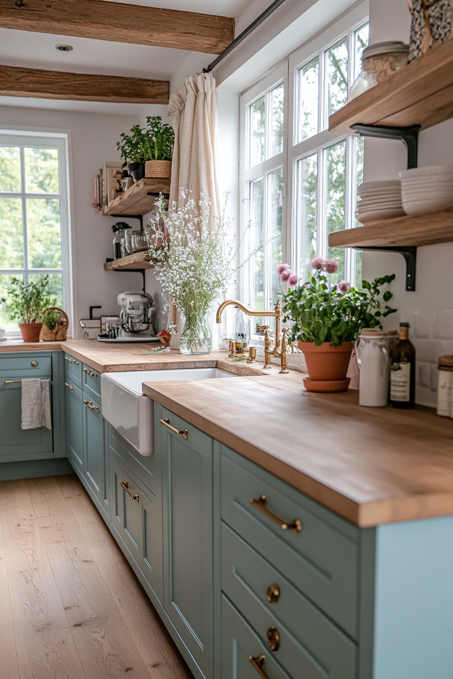 Duck egg blue cabinets with light wood countertops and open shelving