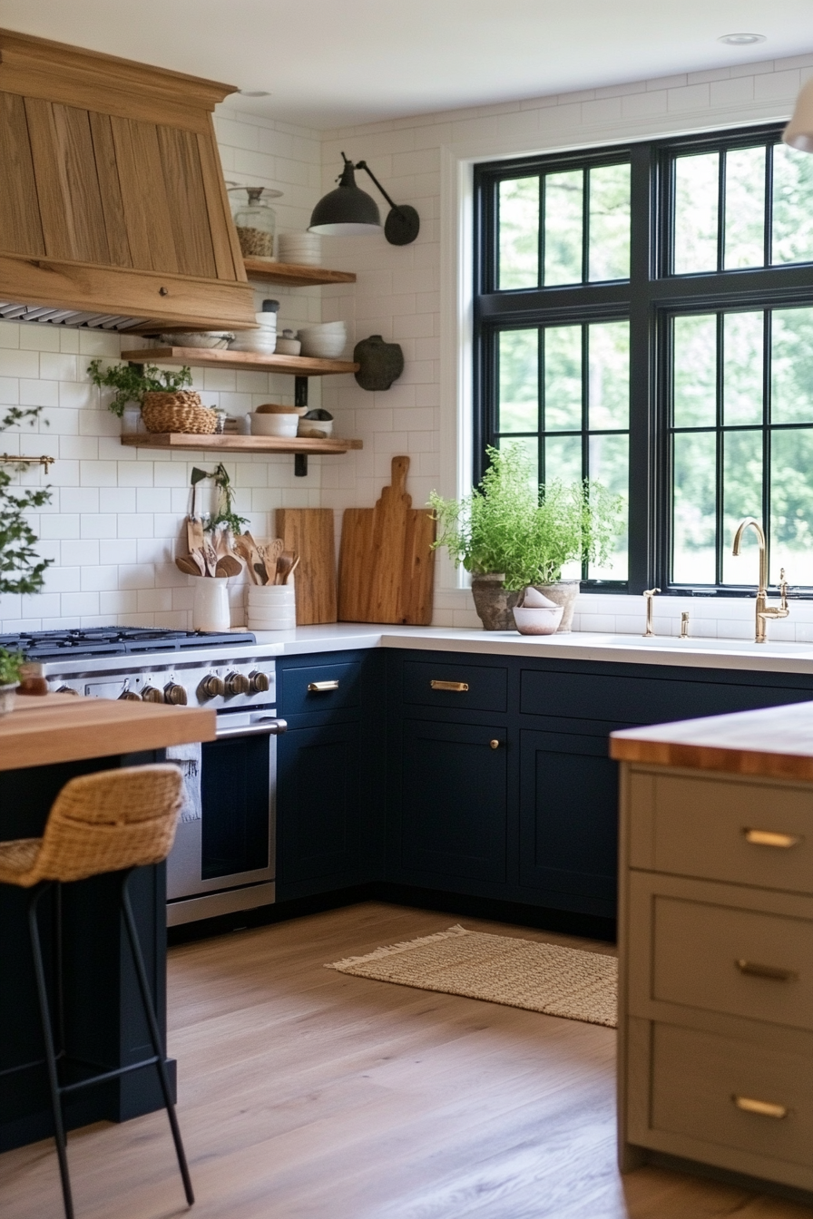 Denim blue cabinets with butcher block countertops and a white subway tile backsplash