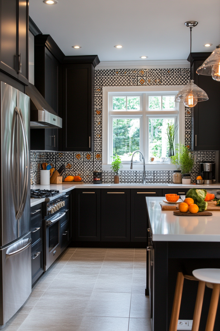 Turquoise blue cabinets with sleek chrome hardware and white countertops