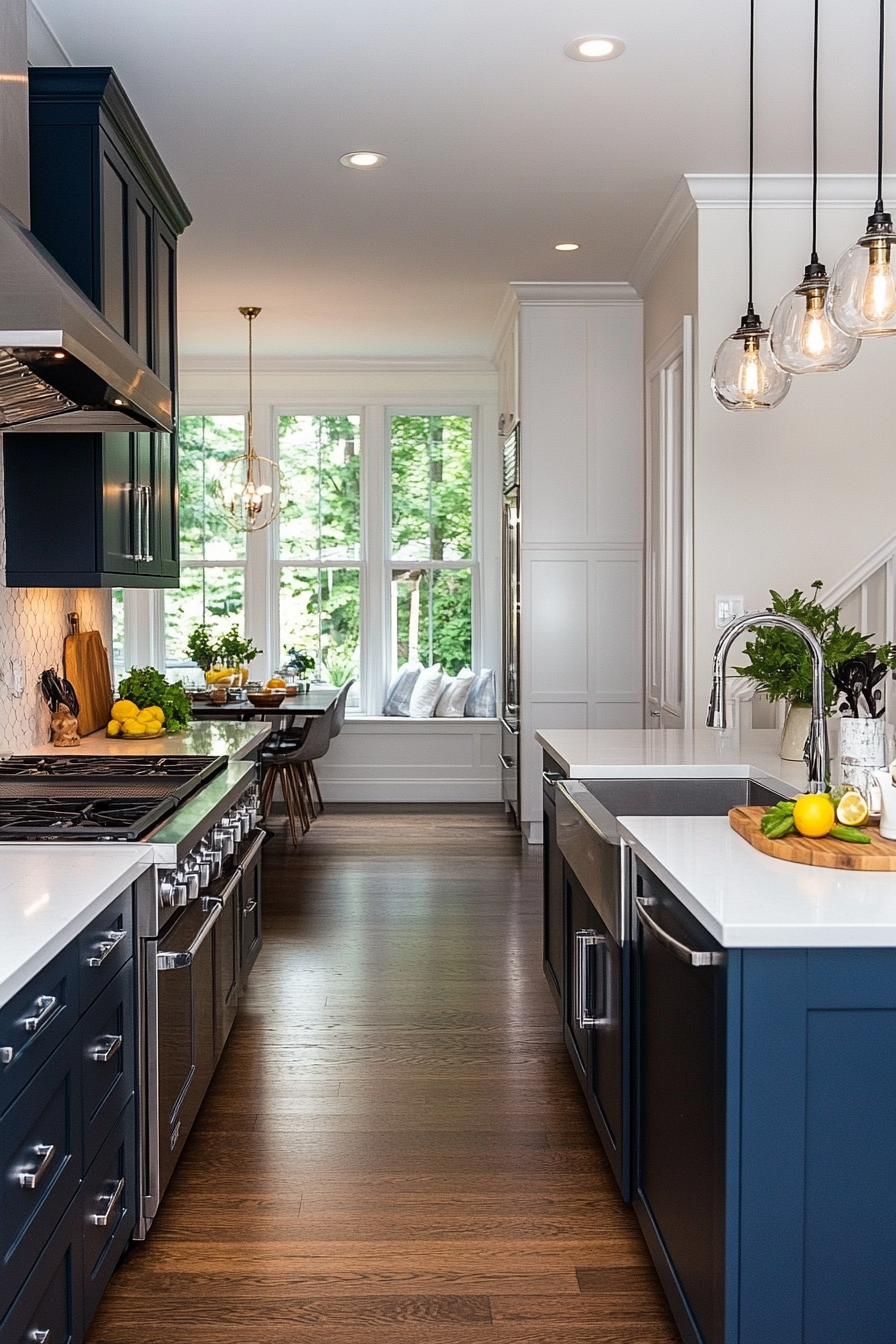 Turquoise blue cabinets with sleek chrome hardware and white countertops