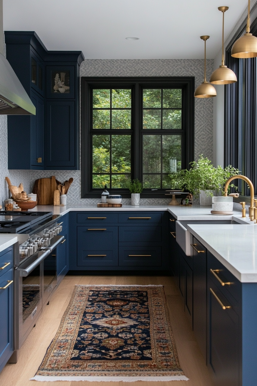 Two-tone blue cabinets with navy lower cabinets and sky blue upper cabinets