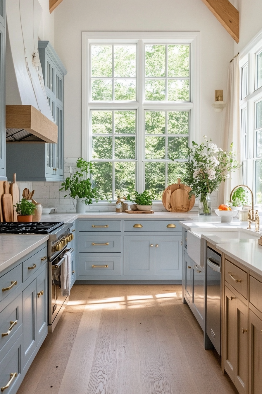 Powder blue cabinets with white countertops and a white subway tile backsplash