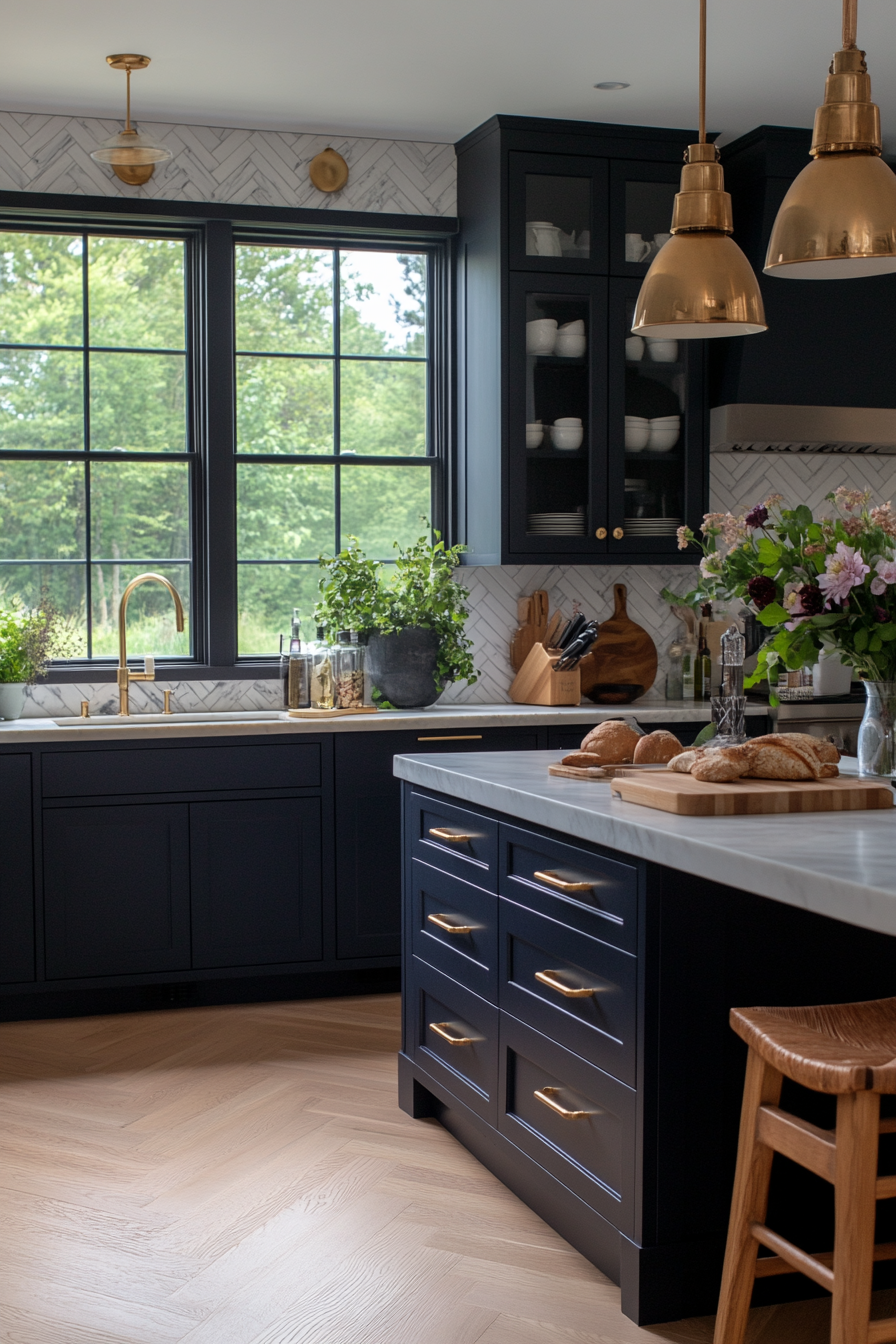 Slate blue cabinets with marble countertops and a herringbone tile backsplash
