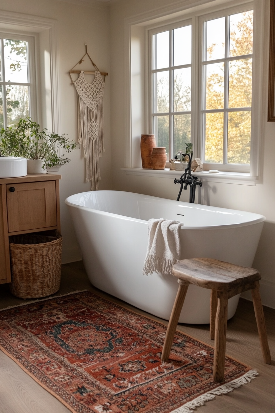 Layered rugs adding warmth and texture to a boho bathroom.