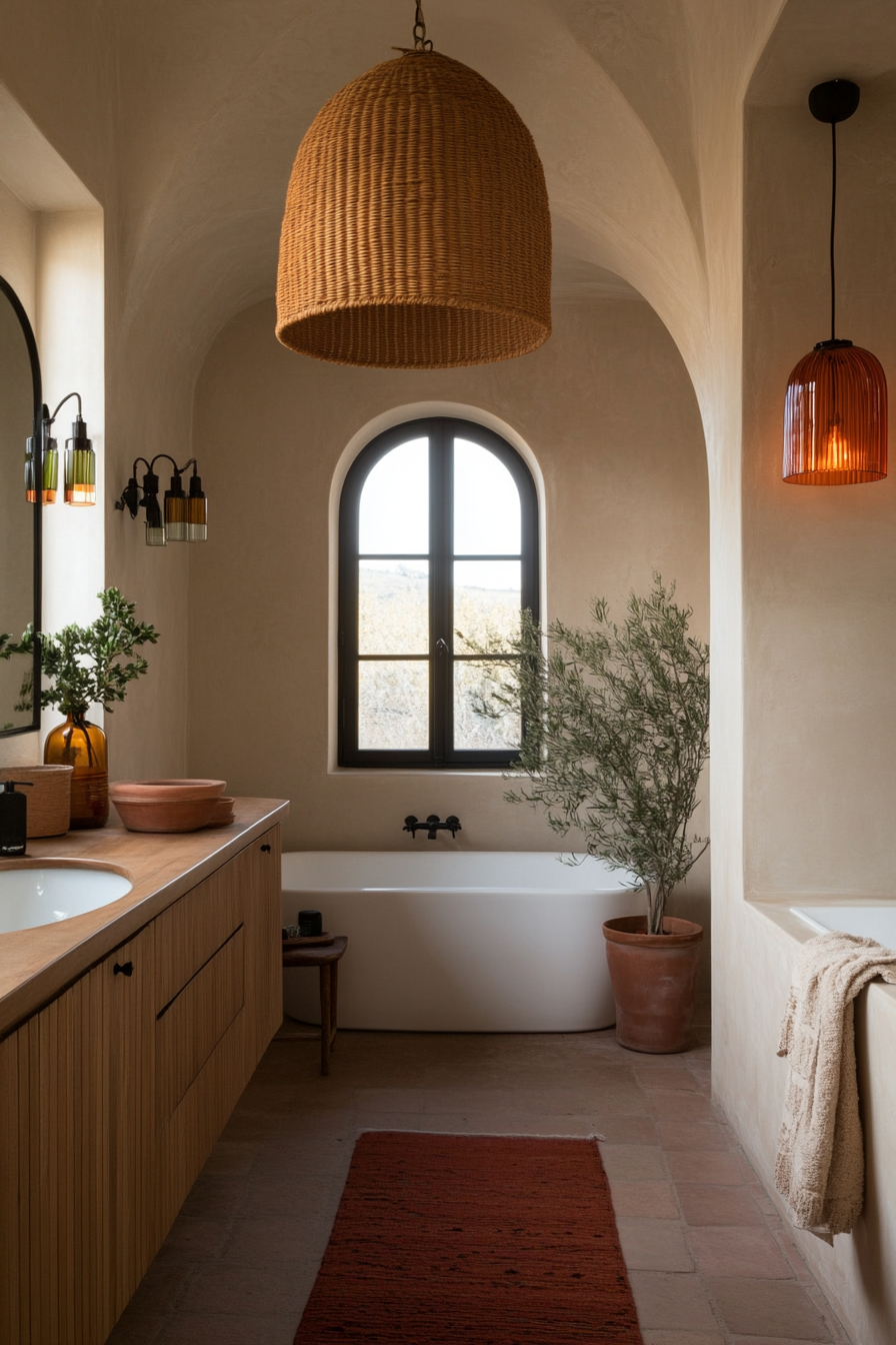 Artistic light fixtures in a boho bathroom.