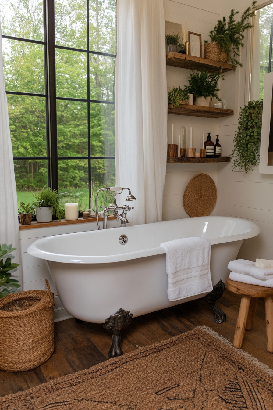 White clawfoot bathtubs as centerpieces in a boho bathroom.