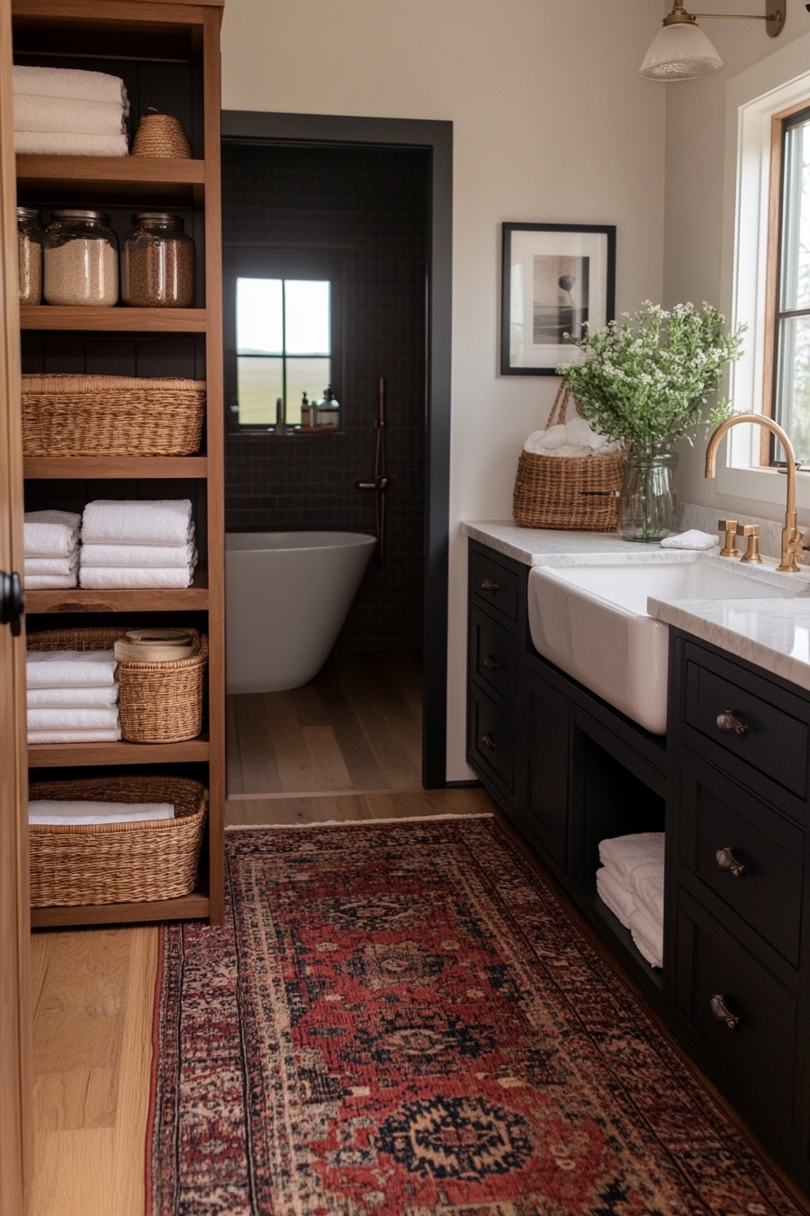 Open shelving displaying bathroom essentials in a boho bathroom.