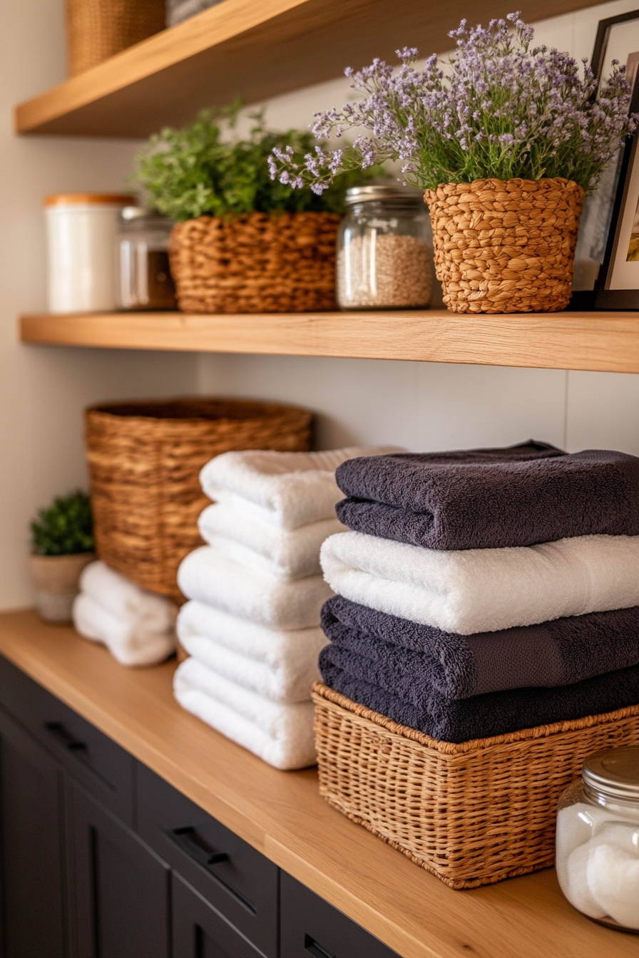 Open shelving displaying bathroom essentials in a boho bathroom.