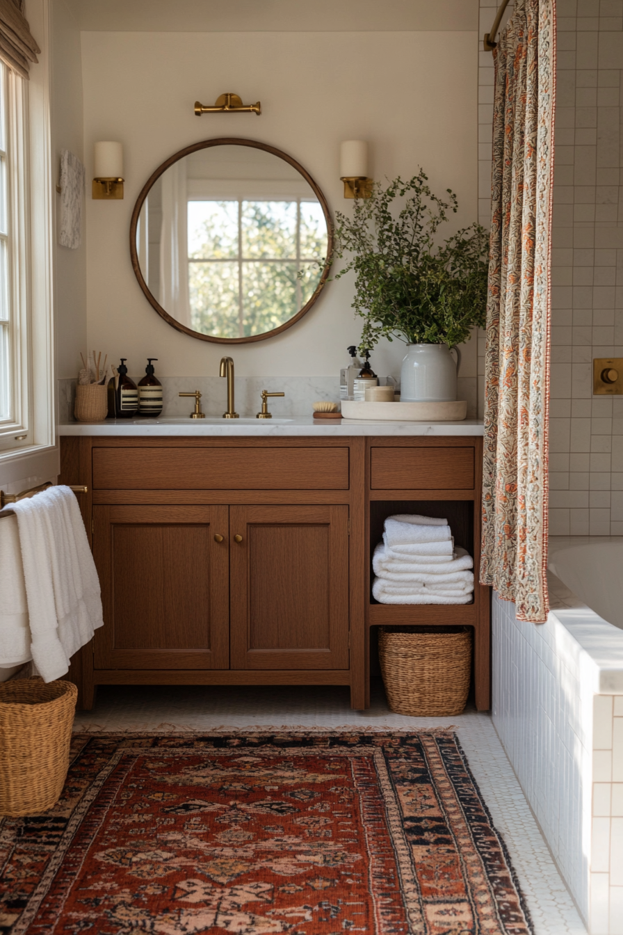 Shower curtains with bold, tribal patterns in a boho bathroom.