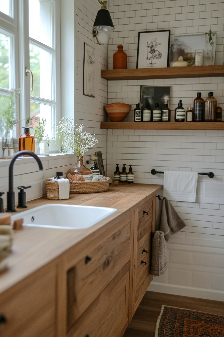 Vintage accessories like antique jars and soap dishes in a boho bathroom.