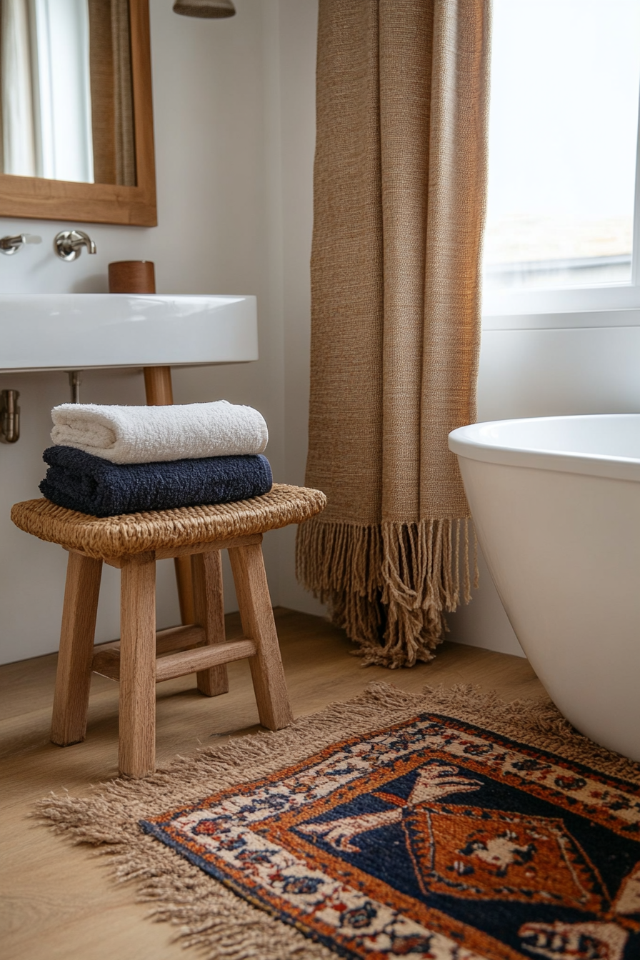 Soft, plush towels and bath mats in a boho bathroom.