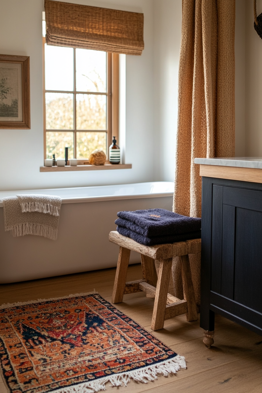 Soft, plush towels and bath mats in a boho bathroom.