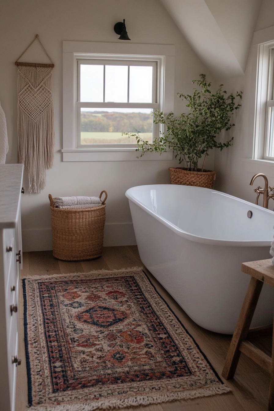 Layered rugs adding warmth and texture to a boho bathroom.