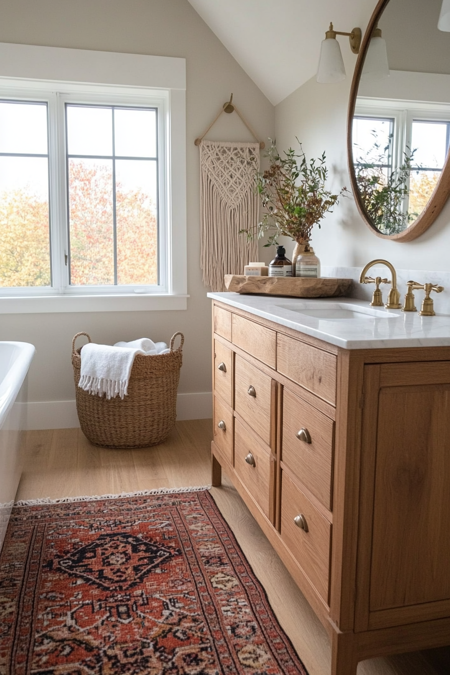 Vintage vanities serving as focal points in a boho bathroom.