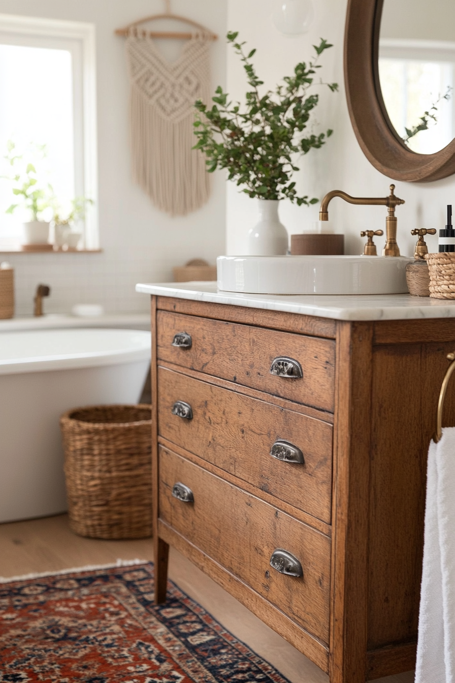 Vintage vanities serving as focal points in a boho bathroom.