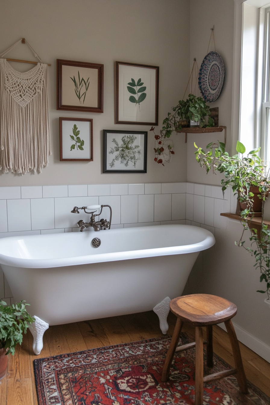Gallery walls with mixed artwork in a boho bathroom.